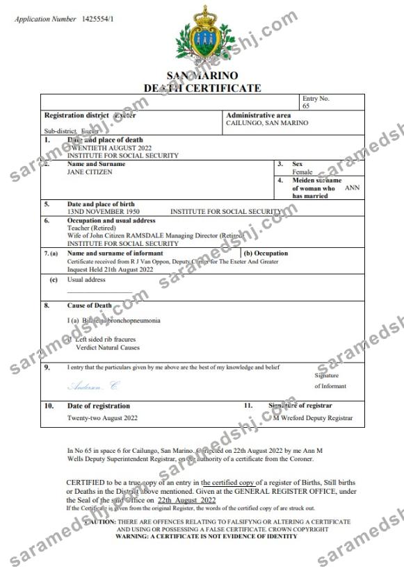 San Marino death certificate Word and PDF template